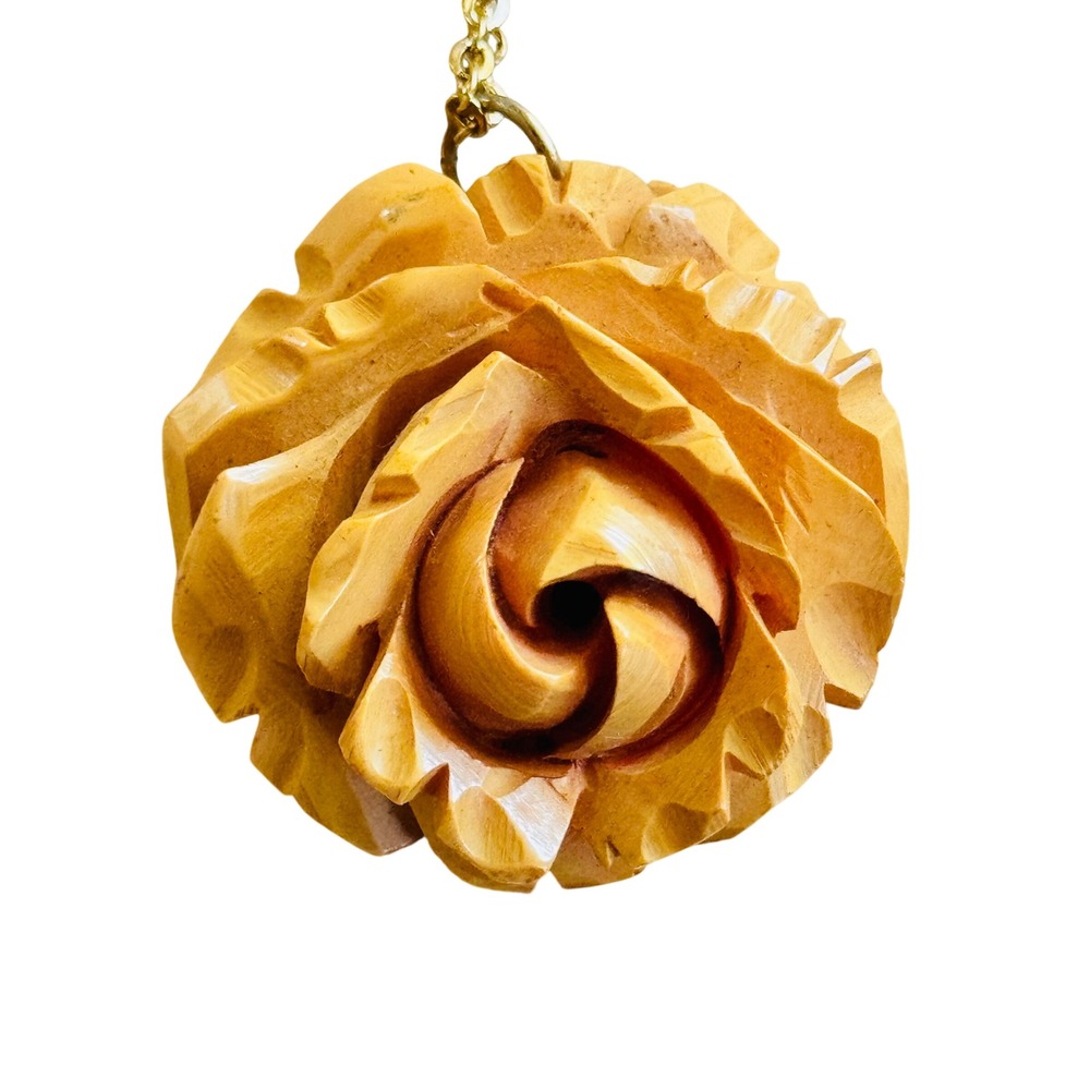 VTG Bakelite Carved‎ Rose Pendant Necklace Yellow Butterscotch Art Deco 20"